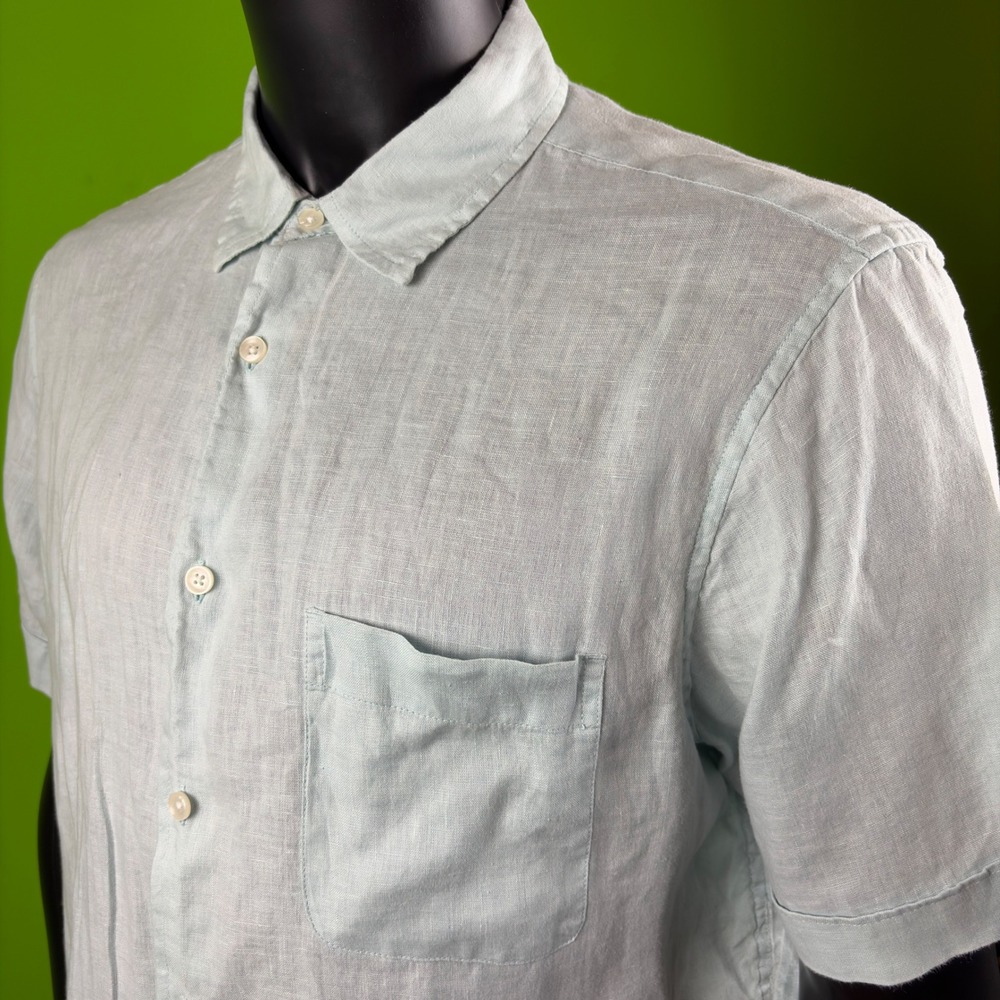 Tasso Elba Mens L 100% Linen Light Blue Short Sleeve Button Up Shirt Pocket